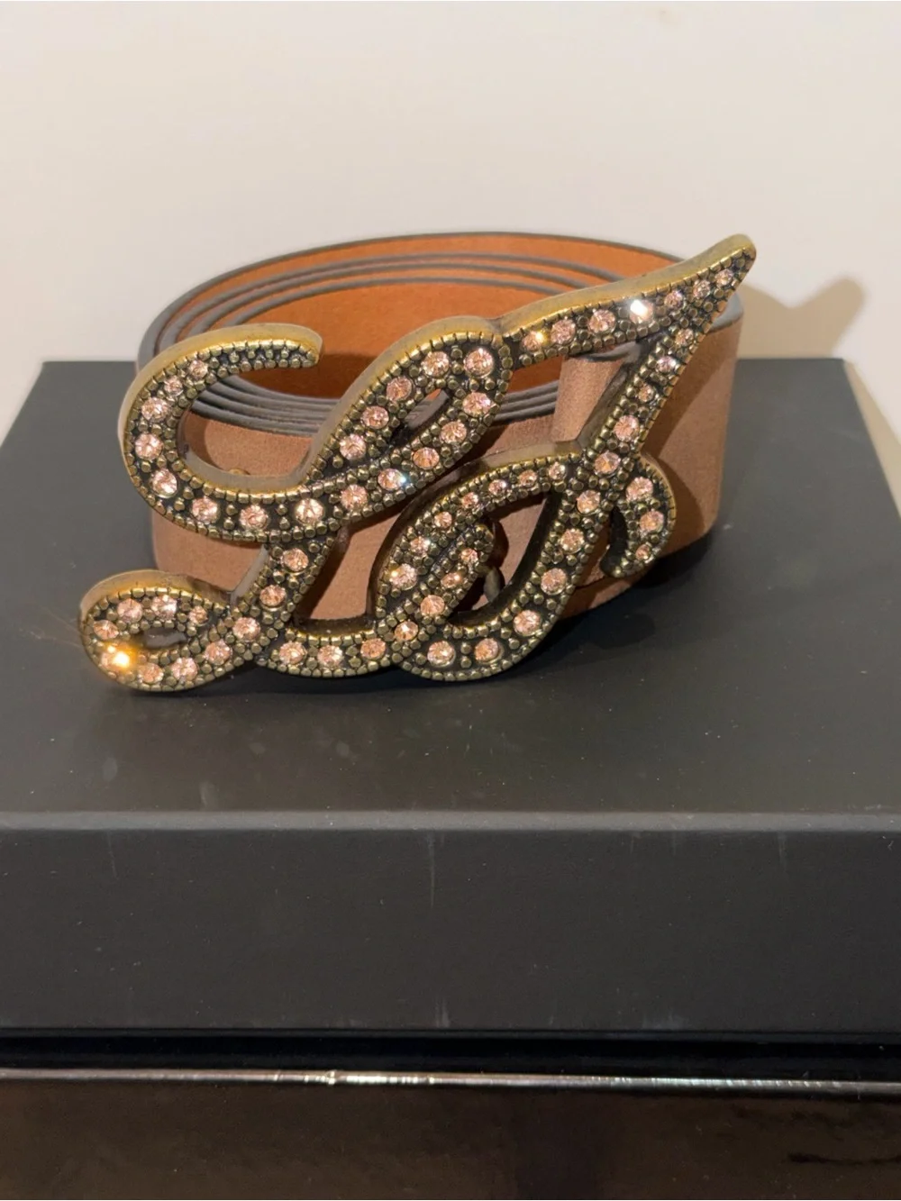 LIU JO Vintage Women’s Brown Belt Gold Buckle w Tan Rhinestone Logo Adjustable S